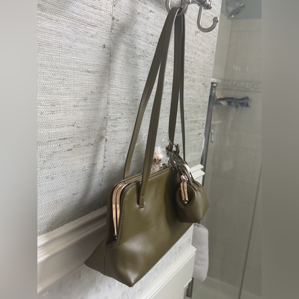 NWT new Anthropologie faux leather east west bag purse moss Green olive + mini - Picture 7 of 16